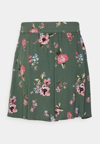 Falda floral verde con cintura elástica, que presenta grandes flores rosas y azules, y un diseño fluido. Tela suave con una textura lisa.