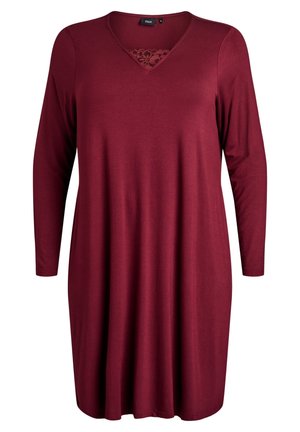 Viininpunainen pitkähihaisen mekon, jossa on V-pääntie, pitsiyksityiskohta rinnalla, pehmeästä kankaasta valmistettu, rento istuvuus ja puolipitkä malli.