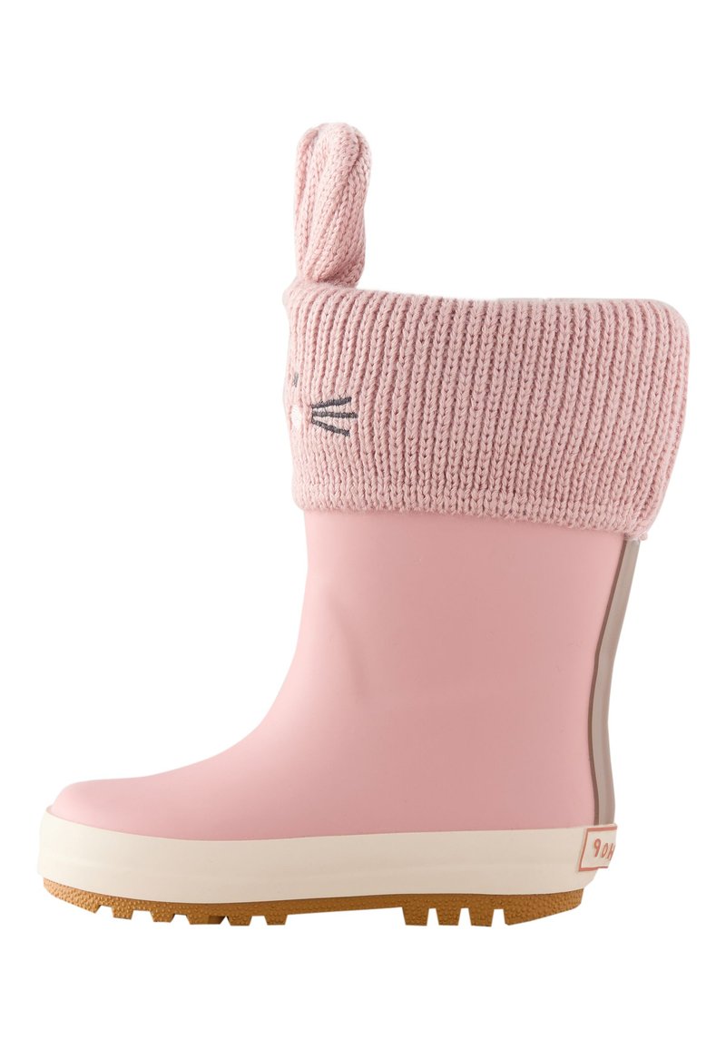 Rosa Gummiregenstiefel mit einem gestrickten oberen Teil und Hasenohren, mit einem strukturierten Strickmuster und einer kontrastierenden Sohle für besseren Halt.