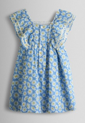 Blue cotton dress with daisy print, ruffled sleeves, button front, and textured fabric. Features white and yellow floral pattern throughout.