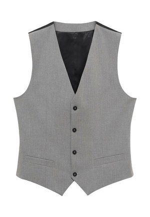 Gilet grigio su misura con scollatura a V profonda, sei bottoni, due tasche frontali e una fodera nera liscia. Tessuto a trama piatta.