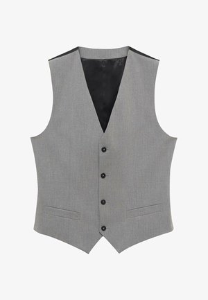 Gilet gris ajusté avec un décolleté en V profond, six boutons, deux poches avant et une doublure noire lisse. Tissu texturé plat.