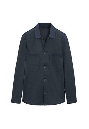 Dark navy button-up shirt jacket with long sleeves, two front patch pockets, and a classic collar on a white background.