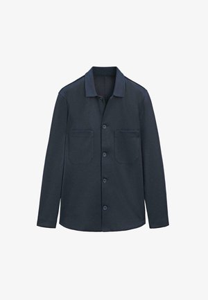 Dark navy button-up shirt jacket with long sleeves, two front patch pockets, and a classic collar on a white background.