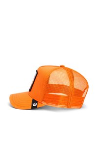 Oranges Kappe mit gekrümmtem Schirm, ausgestattet mit einem Netzrücken und einem schwarzen Etikett an der Seite. Kräftige Farbe und strukturiertes Design.