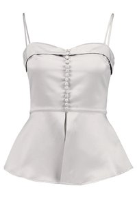 Ljusgrå satinpeplumtop med justerbara spagettiband, knappdetalj fram och en lätt V-skärning vid nederkanten.