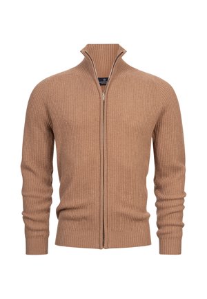 Beżowy sweter zapinany na zamek z wysokim kołnierzem, długimi rękawami i dopasowanymi mankietami. Wykonany z miękkiego, teksturowanego materiału.