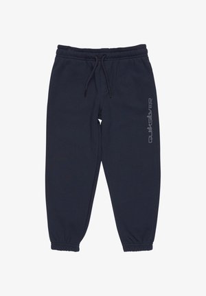 Pantalones de chándal azul marino en un tejido suave, con cinturilla elástica y cordón ajustable, y puños elásticos. Logotipo de Quiksilver destacado en el costado.