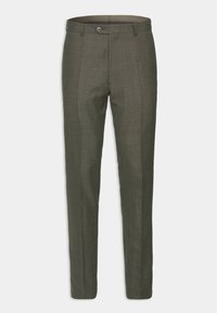 Pantalons ajustés en tissu à carreaux vert foncé, avec une taille plate, des passants de ceinture et une fermeture à un bouton. Finition légère et texturée.