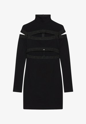 Mini abito nero a maniche lunghe con collo alto e fasce scintillanti con ritagli sul petto e sulla parte centrale.