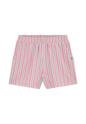 Short en éponge rose avec taille élastique et rayures verticales vertes et blanches, avec poches latérales.