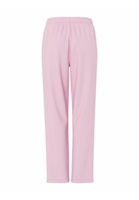 Roze broek met elastische tailleband heeft een recht model, zachte textuur en geen versieringen, geschikt voor casual wear of loungewear.