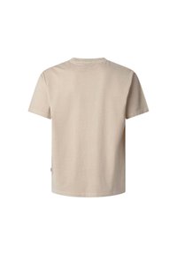 Camiseta de manga corta color beige hecha de algodón. Presenta un cuello redondo y una textura simple y suave sin logotipos ni patrones visibles.