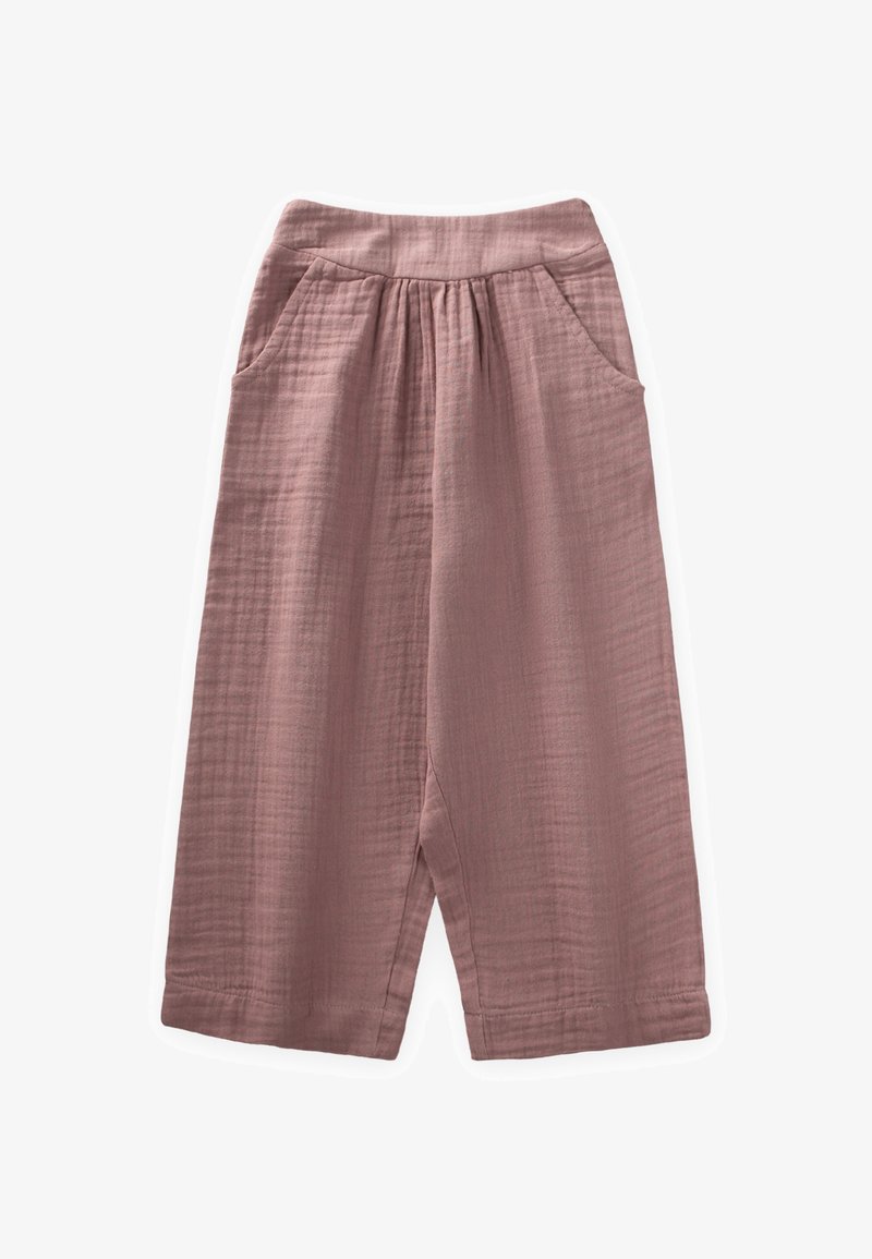 Mauve široke hlače iz teksturirane tkanine, s elastičnim pasom in dvema sprednjima žepoma, krojene tik pod kolenom.