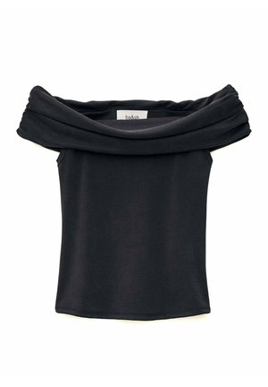 Top noir épaules dénudées avec large encolure repliée, sans manches, et étiquette de la marque "ba&sh" à l’intérieur du col.