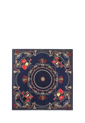 Écharpe en soie bleu marine avec des illustrations de carriages dorées et rouges, motif circulaire, franges et détails ornés.