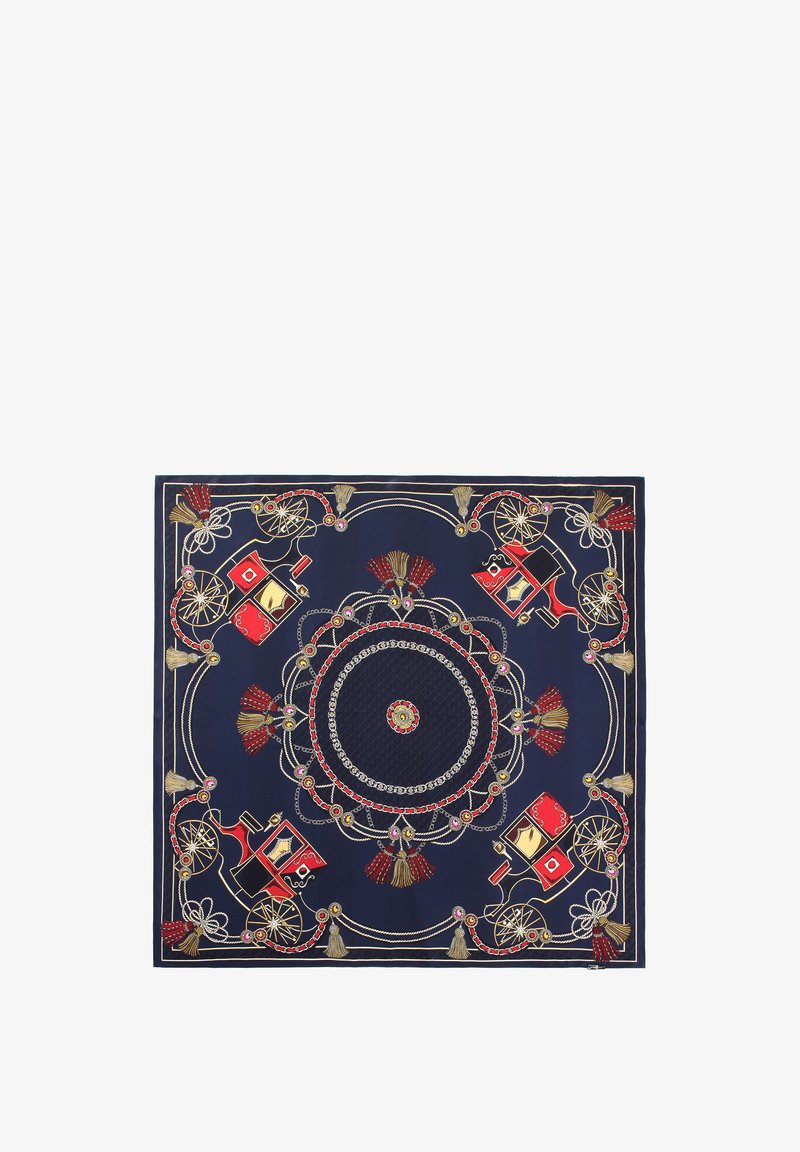 Pañuelo de seda azul marino con intrincadas ilustraciones de carrozas en dorado y rojo, patrón circular, flecos y detalles ornamentales.