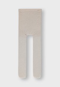 Collants texturés beiges avec une section supérieure lisse et une partie inférieure côtelée, dotés d'un orteil ouvert et d'une taille élastique en haut.