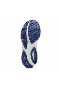 Suola della scarpa con una combinazione di gomma bianca e blu scuro, caratterizzata da motivi texturizzati per una migliore aderenza. In evidenza il marchio "PUMAGRIP" nella sezione bianca.