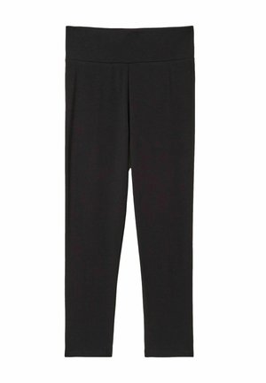 Black ankle-length leggings with a wide waistband, made of smooth, stretchy fabric, shown flat against a white background.