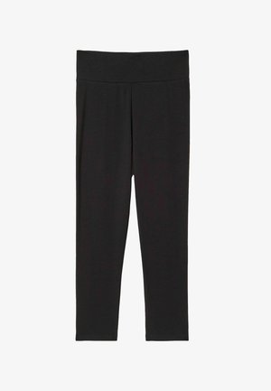 Black ankle-length leggings with a wide waistband, made of smooth, stretchy fabric, shown flat against a white background.
