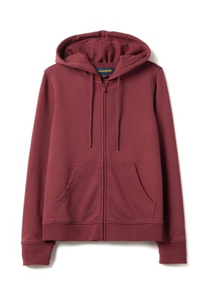 Sudadera con capucha y cremallera en rojo oscuro, con bolsillos frontales, capucha con cordón, puños acanalados y etiqueta "essentials" en el interior del cuello.