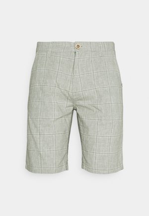 Pantalones cortos de cuadros grises claros con cierre de botón, trabillas para cinturón y bolsillos laterales, mostrados sobre un fondo blanco liso.
