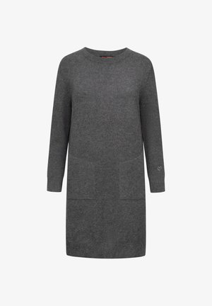 Donkergrijze trui jurk van zacht materiaal, met een ronde hals, lange mouwen en twee voorzakken. Hartdetail op de mouw.