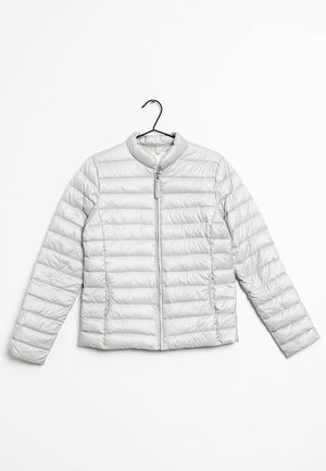 Hellgraue, gesteppte Daunenjacke mit langen Ärmeln und einem Reißverschluss vorne, hängend an einem schwarzen Kleiderbügel vor weißem Hintergrund.