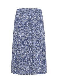 Jupe bleue mi-longue avec motif floral et de vigne blanc complexe, ceinture élastique et texture de tissu douce.