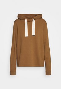 Felpa marrone con cappuccio e maniche lunghe, con cordini bianchi e vestibilità comoda. Realizzata in tessuto morbido e strutturato.