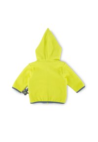 Yellow fleece hoodie with a hood, contrasting gray trim at the cuffs and bottom hem, and a small decorative tag on the side.