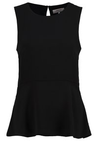 Haut noir sans manches avec un col rond et un dos ajouré. Coupe évasée à l'ourlet avec une texture lisse, fabriqué en matériau léger.