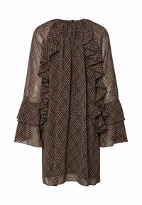 Brun rutete kjole med rynkede detaljer, lange ermer og en rynket halslinje. Laget av et gjennomsiktig, lett stoff.