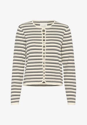 Mikina s dlhým rukávom v krémovo-modrých pruhovaných vzoroch, s okrúhlym výstrihom a zatváraním na gombíky. Vyrobená z mäkkého pleteného materiálu s jemnou textúrou.