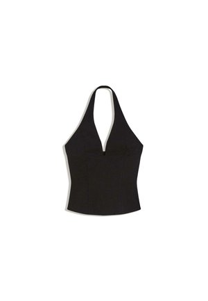 Black halter neck top with deep V neckline and fitted waist, displayed on a white background.