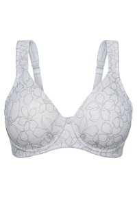Reggiseno bianco con motivo floreale e contorni grigi, in tessuto morbido, con supporto a ferretto, spalline regolabili e chiusura posteriore a gancio.