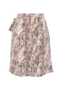 Wrap skirt in lightweight fabric featuring a swirling pattern in pink, cream, and brown, with a side tie detail for adjustable fit.