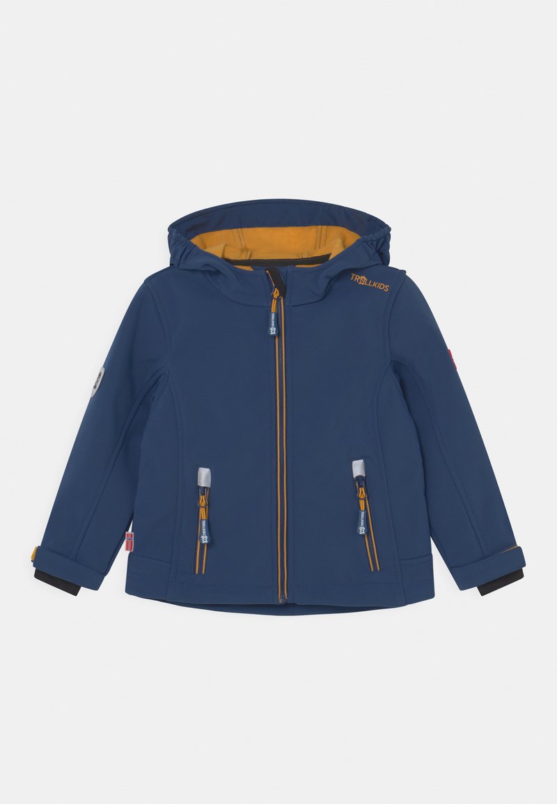 Navy blue children's jacket with a yellow interior, a hood, two front zip pockets, and orange zip accents. Features a logo on the chest.