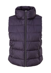 Lila Puffer-Weste mit hohem Kragen, vertikalen Nähten und Frontreißverschluss. Verfügt über Seitentaschen und einen leicht geschwungenen Saum.