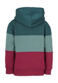 Hættetrøje med et tre-farvet blokdesign: mørk teal, lys grøn og bourgogne. Lavet af bomuldsstof med en blød tekstur.