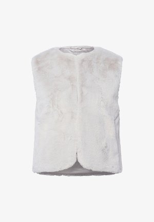 White faux fur vest with a rounded neckline, no sleeves, and a smooth interior lining. Features a front closure and a cozy texture.