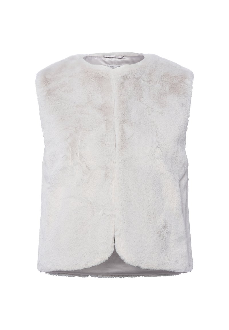 Weißer Kunstfell-Weste mit runder Halslinie, ohne Ärmel und einem glatten Innenfutter. Verfügt über einen Frontverschluss und eine kuschelige Textur.