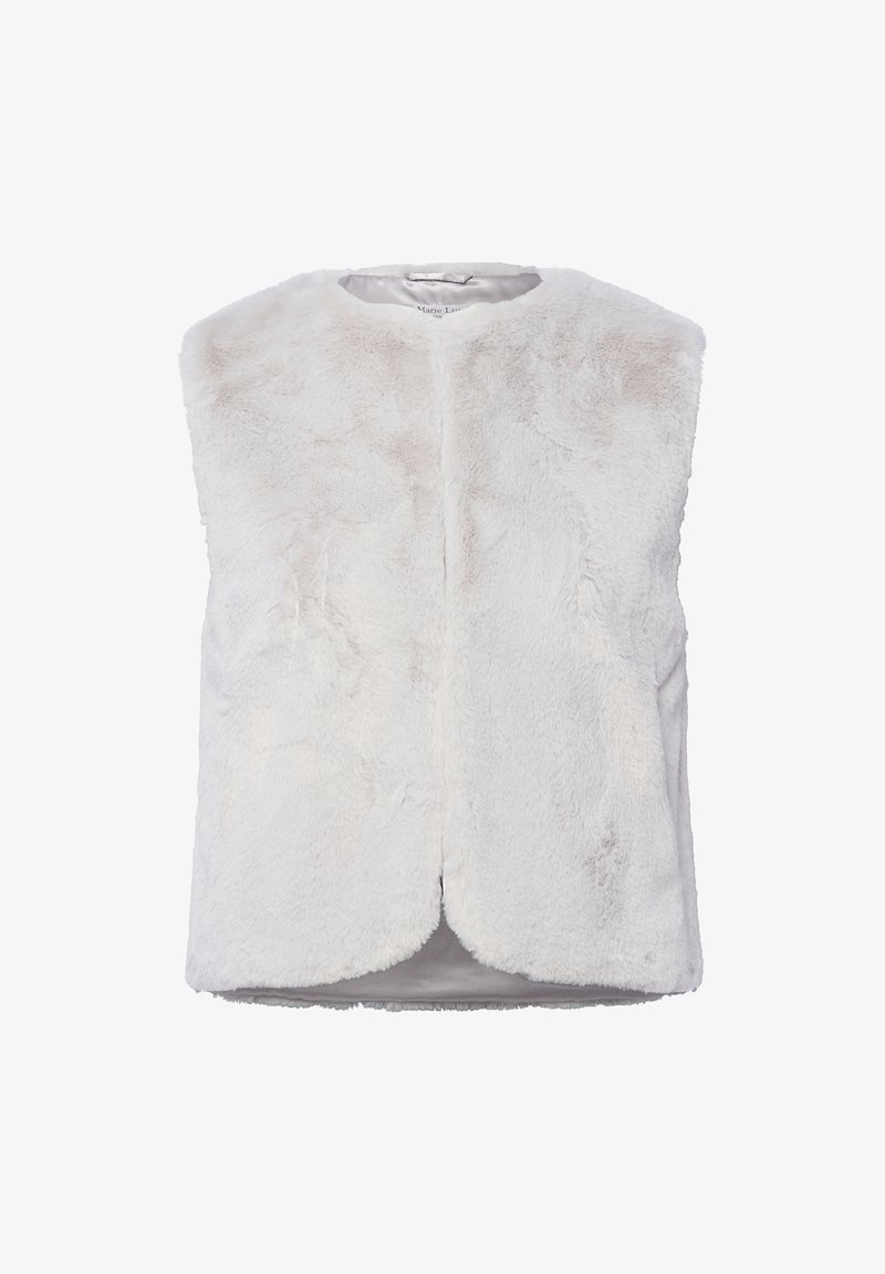 Weißer Kunstfell-Weste mit runder Halslinie, ohne Ärmel und einem glatten Innenfutter. Verfügt über einen Frontverschluss und eine kuschelige Textur.