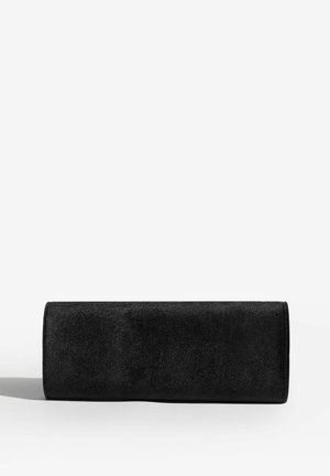 Zwarte rechthoekige clutch van zacht, gestructureerd materiaal. Heeft een gladde afwerking met minimaal beslag en een strakke vormgeving.