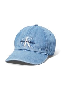 Căciulă de baseball din denim de colorare albastru deschis, cu margine curbată, având brodate "CK" și "Calvin Klein Jeans" în culori contrastante.
