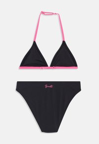Black bikini with pink accents; halter top featuring triangular cups and adjustable straps; matching bottom with logo in pink.