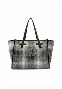Sac fourre-tout à motif texturé gris et noir avec des poignées noires, comportant deux fermetures à boucle et un design structuré.