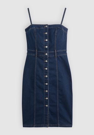 Dunkelblaues Jeanskleid mit Spaghettiträgern, Knopfleiste vorne, tailliertem Oberteil und leicht ausgestellt Rock. Mit sichtbaren Nähten und Gürtelschlaufen.
