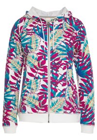 Floral zip-up hoodie with white base, featuring vibrant pink, turquoise, and beige leaf patterns; includes front pockets and drawstring hood.
